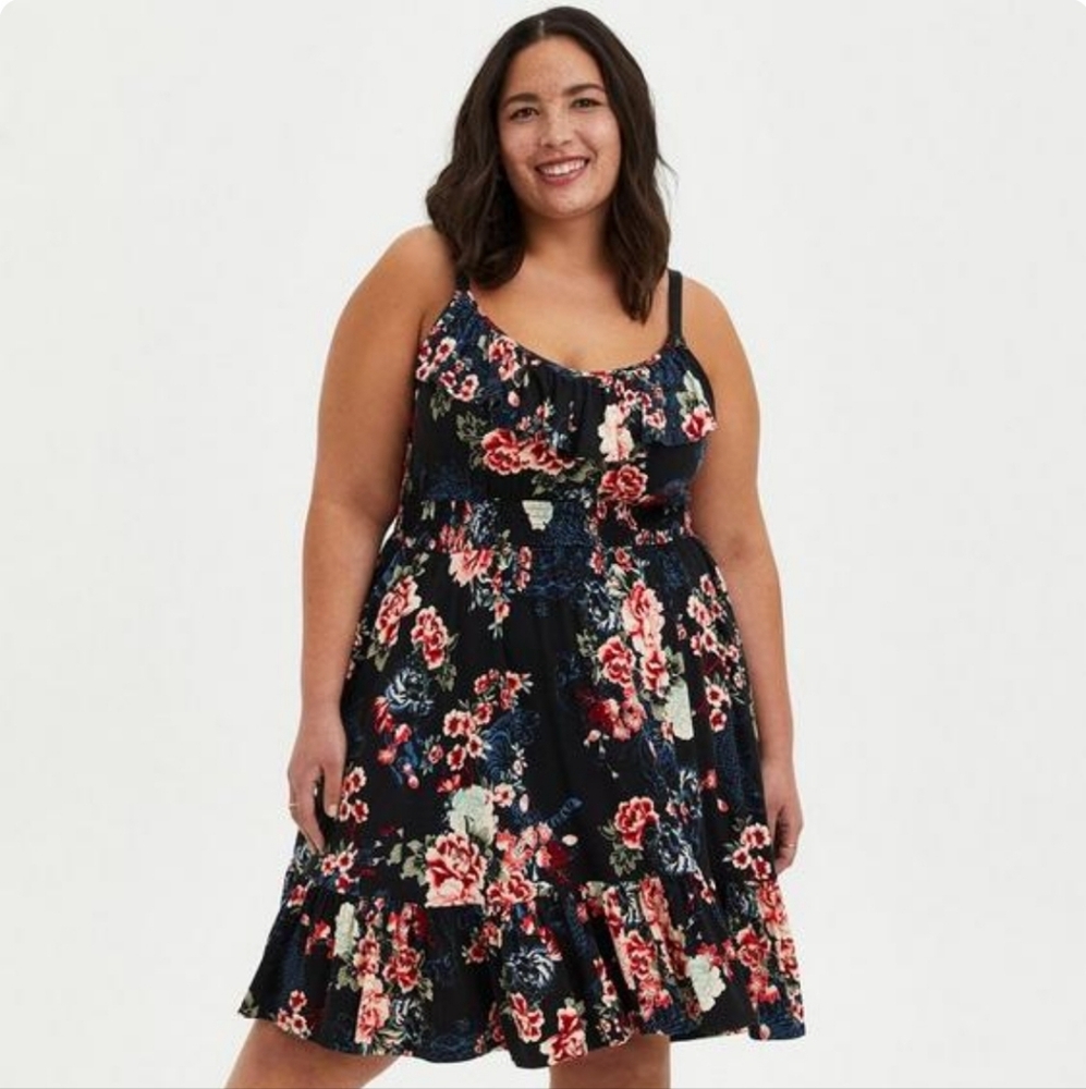 Black Floral Super Soft Smocked Waist Skater Dress